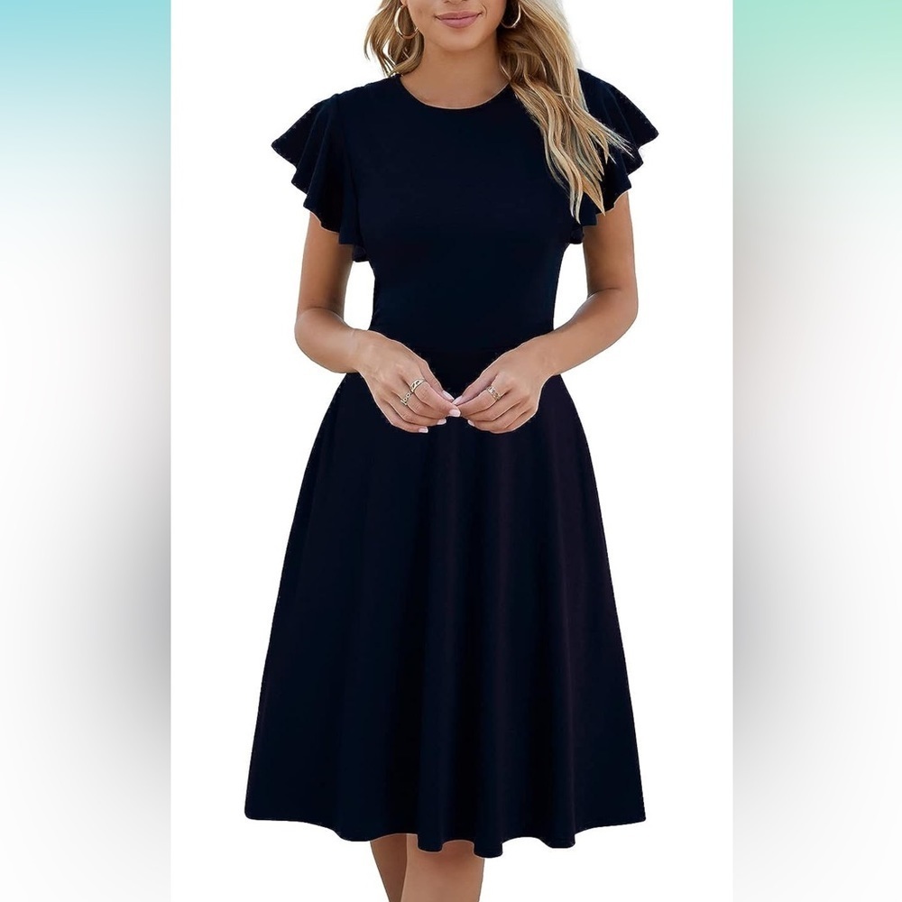 HELYO Women's Semi-Formal Ruffle Sleeves V-Back Work fit and flare dress. (NWT)